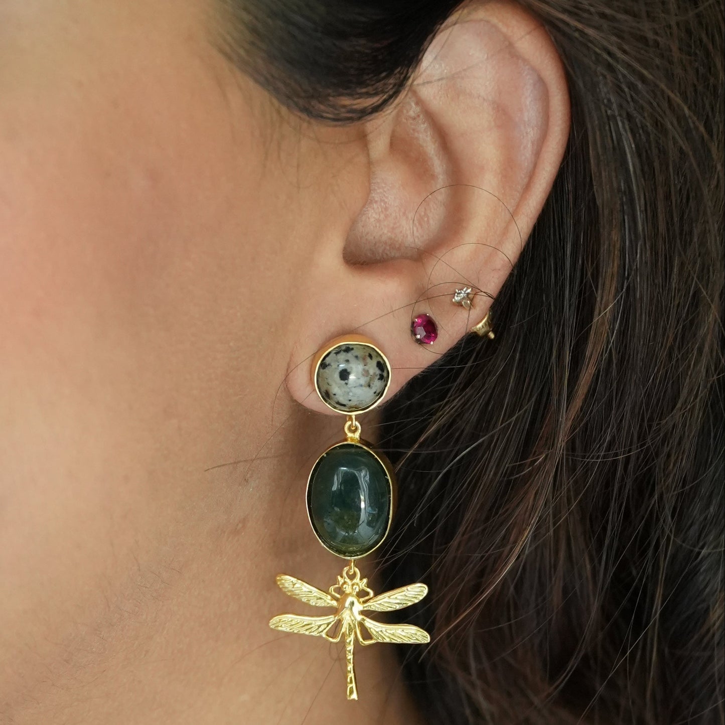 Moss Agate and dalmatian semi precious stones dangler earring with dragonfly charms