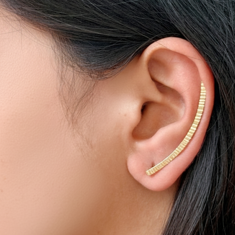 Gold earring worn by a person with dark hair.