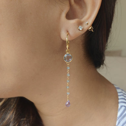 Silver hoops with 18k gold plating earring with iolite, labradorite, amethyst gemstones.