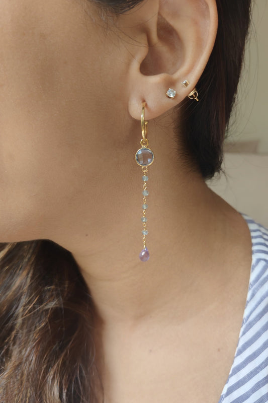 Silver hoops with 18k gold plating earring with iolite, labradorite, amethyst gemstones.