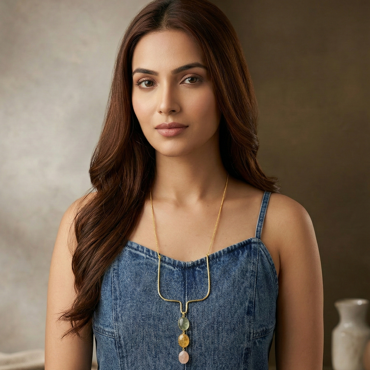 Woman wearing a blue denim dress with a necklace against a neutral background