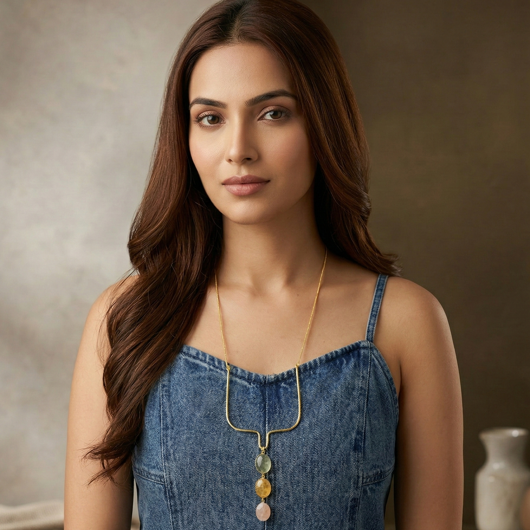 Woman wearing a blue denim dress with a necklace against a neutral background