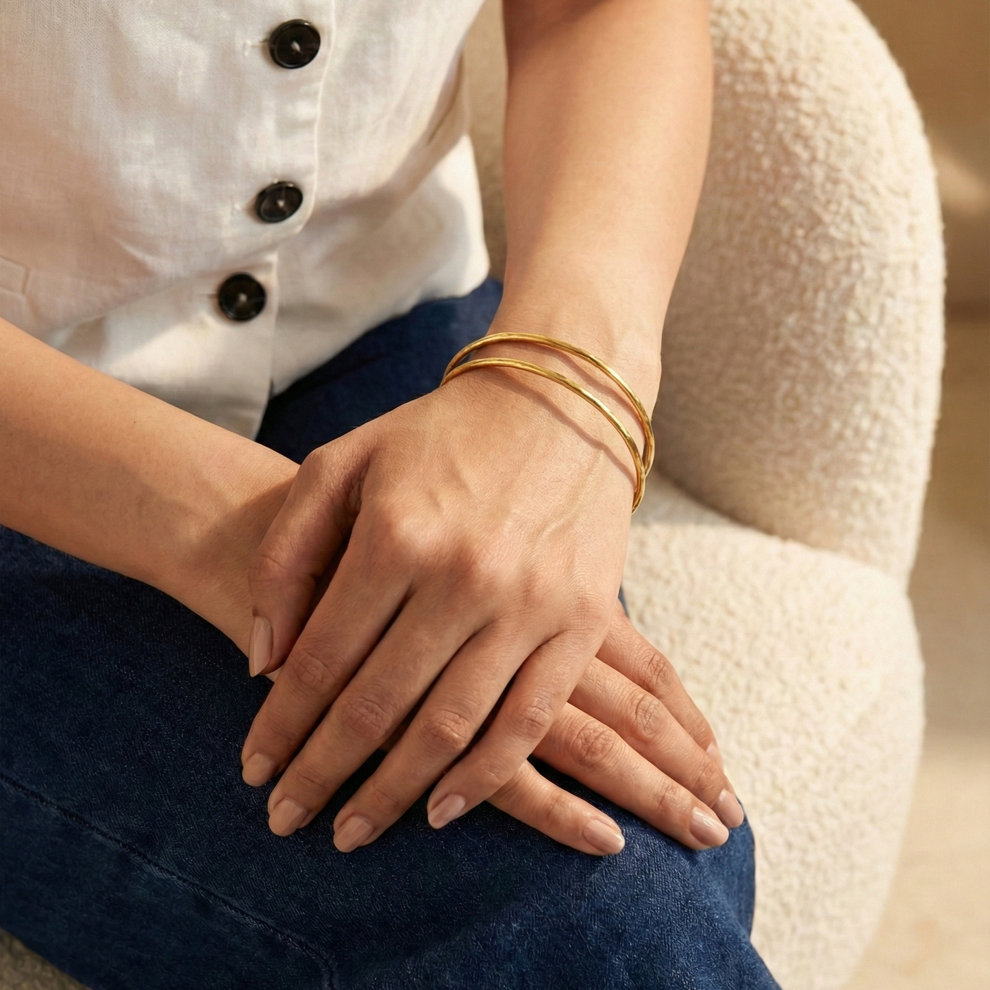 Gold hammered stacked bangles