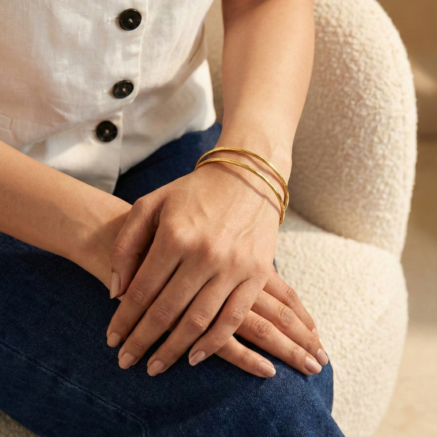Gold hammered stacked bangles