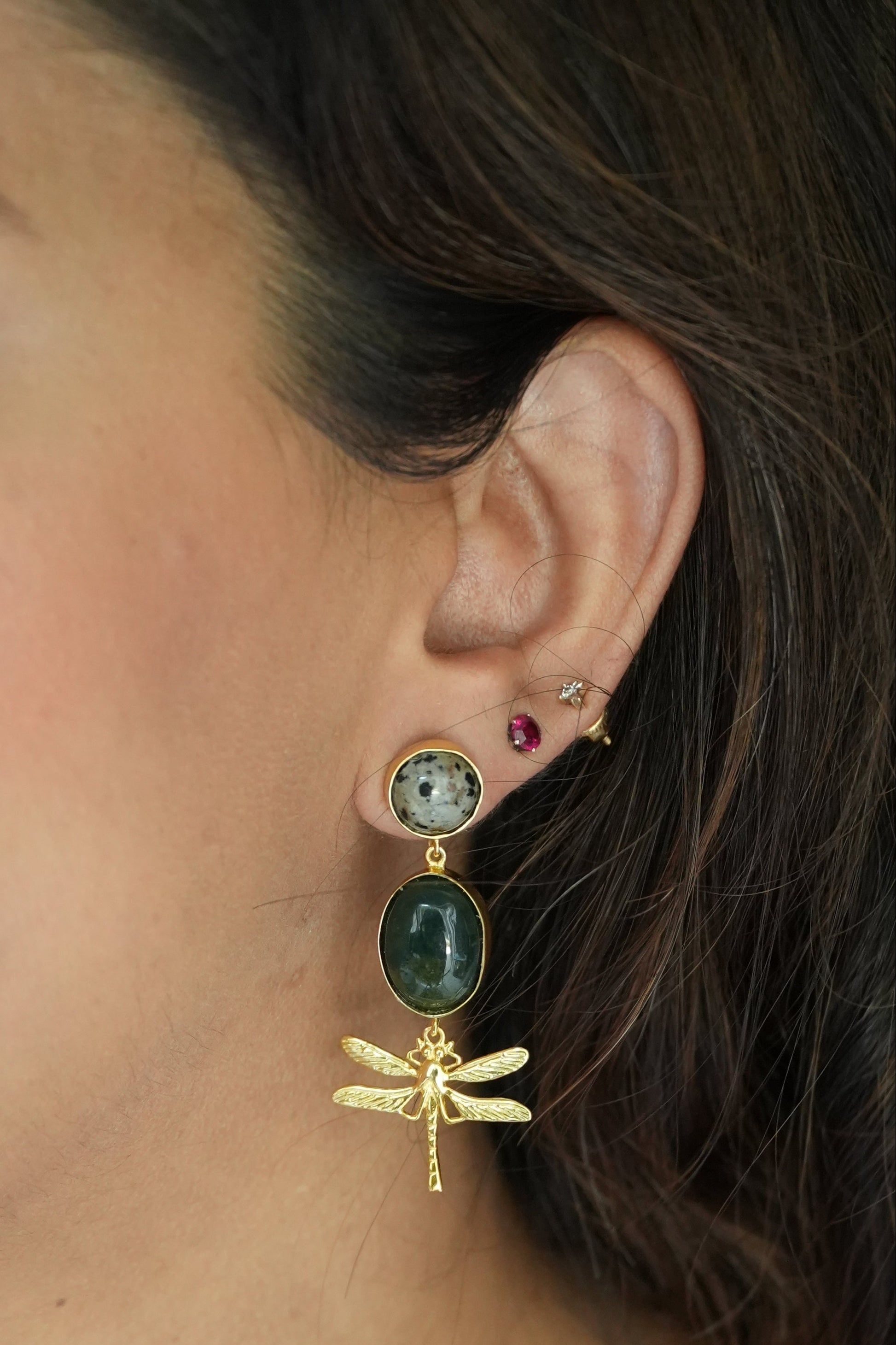 Moss Agate and dalmatian semi precious stones dangler earring with dragonfly charms