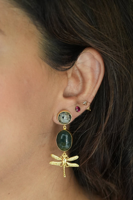 Moss Agate and dalmatian semi precious stones dangler earring with dragonfly charms