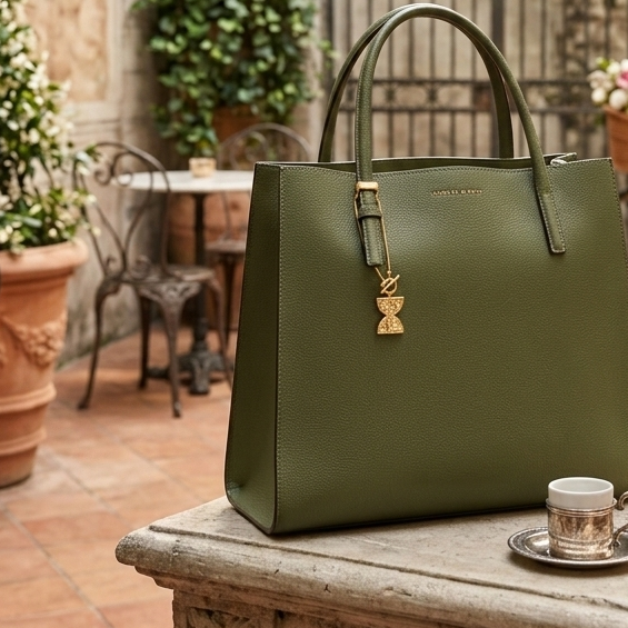 Green handbag on a table outdoors with plants and furniture in the background