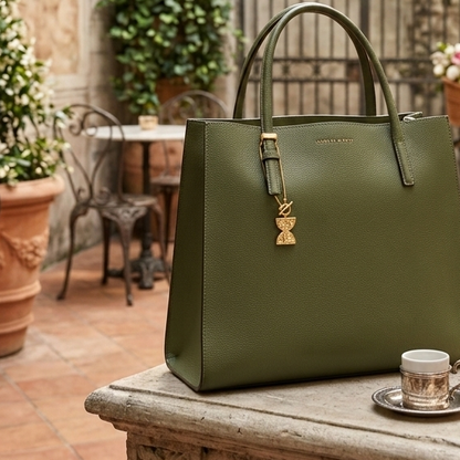 Green handbag on a table outdoors with plants and furniture in the background