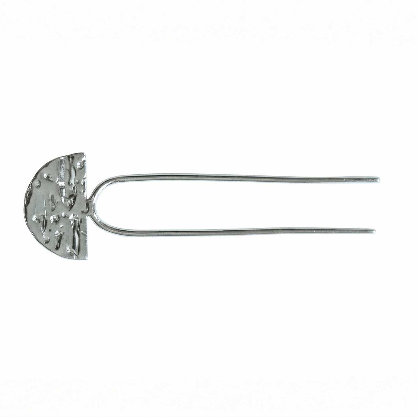 Silver hairpin with a decorative half-circle design on a white background