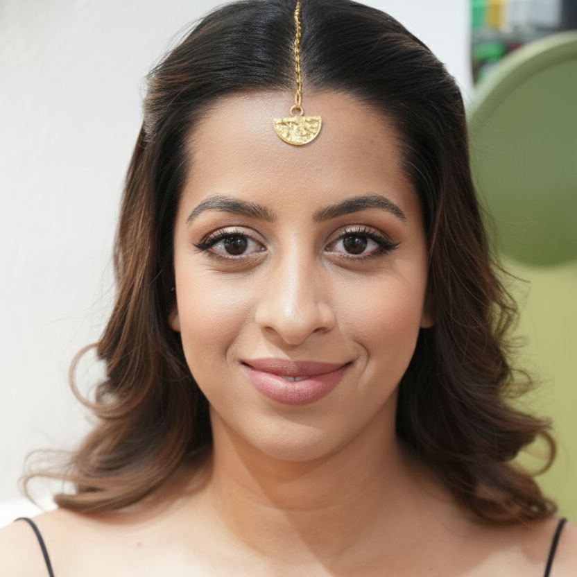 Woman with a gold head accessory and black top against a neutral background
