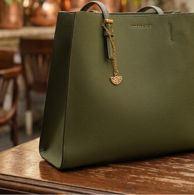 Gold Bag charm on a green handbag
