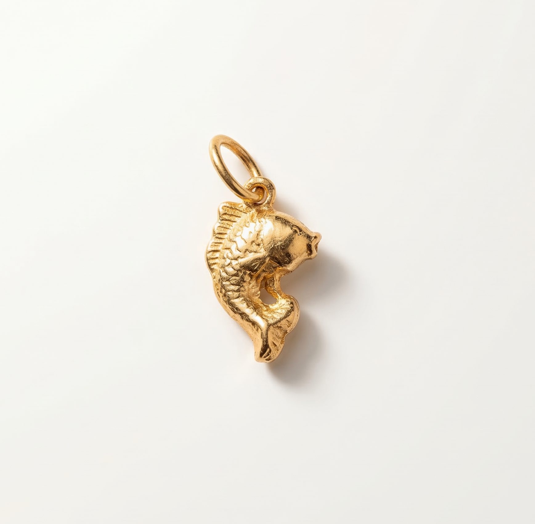 Gold fish-shaped pendant on a light gray background