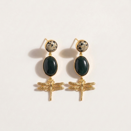 Pair of earrings with gold dragonfly designs and dark green stones on a white background