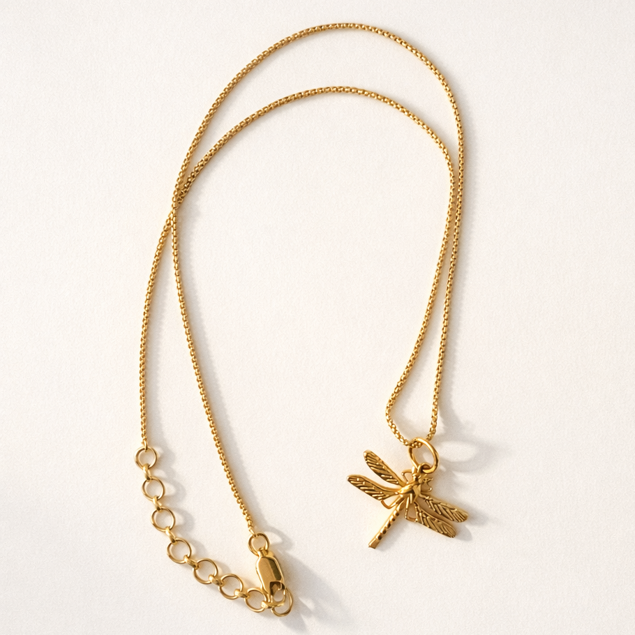 Gold necklace with a dragonfly pendant on a light beige background