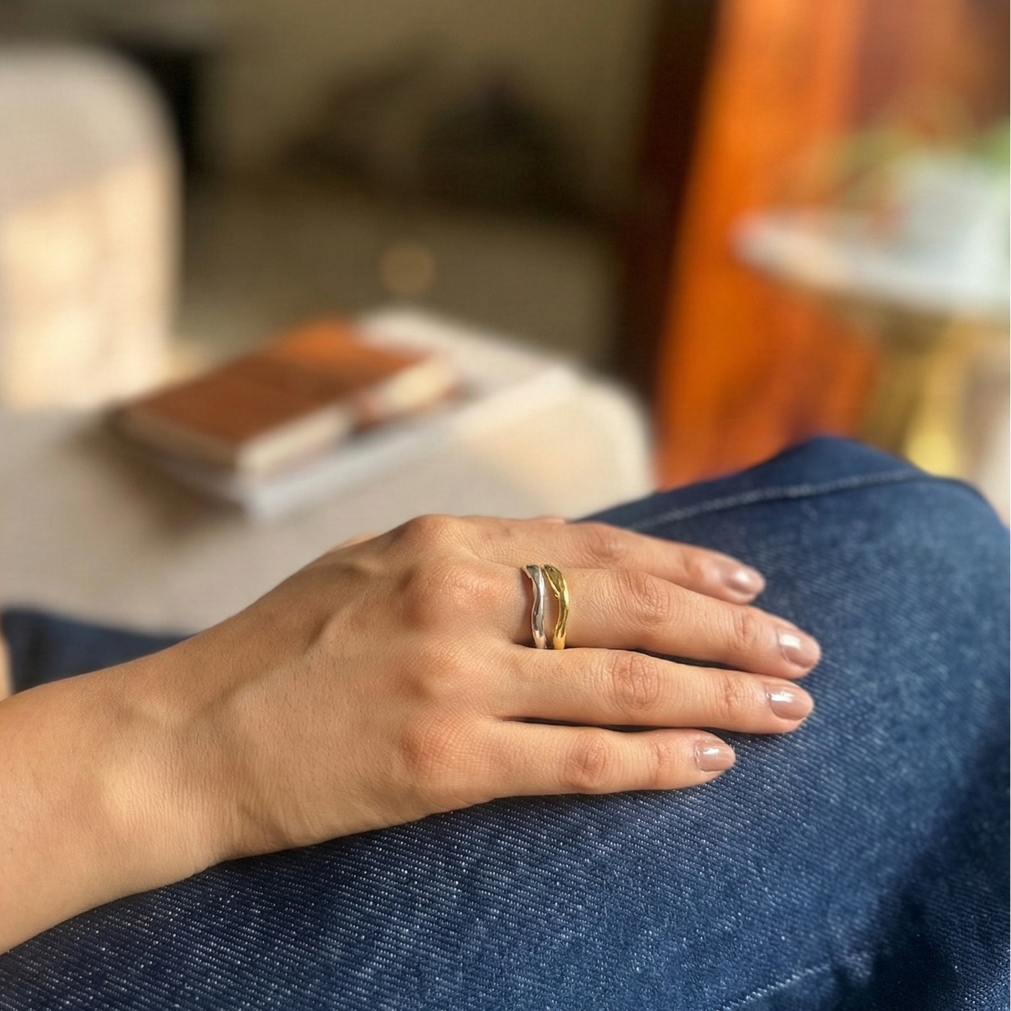 Flo wide gold and silver ring stacked
