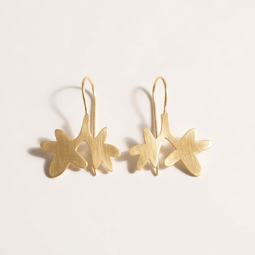 Pair of gold star-shaped earrings on a light gray background