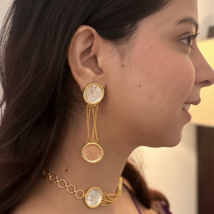 Woman wearing gold earrings and a necklace with a blurred background