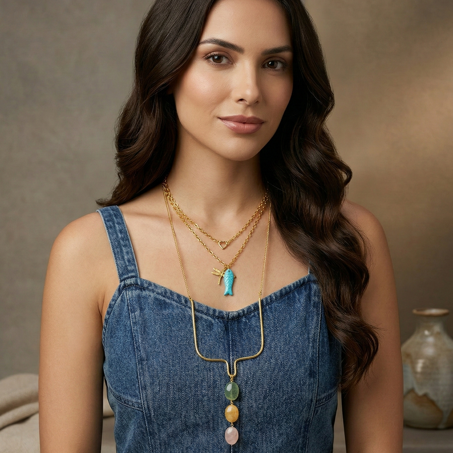Woman wearing a long necklace with layered pendants against a neutral background