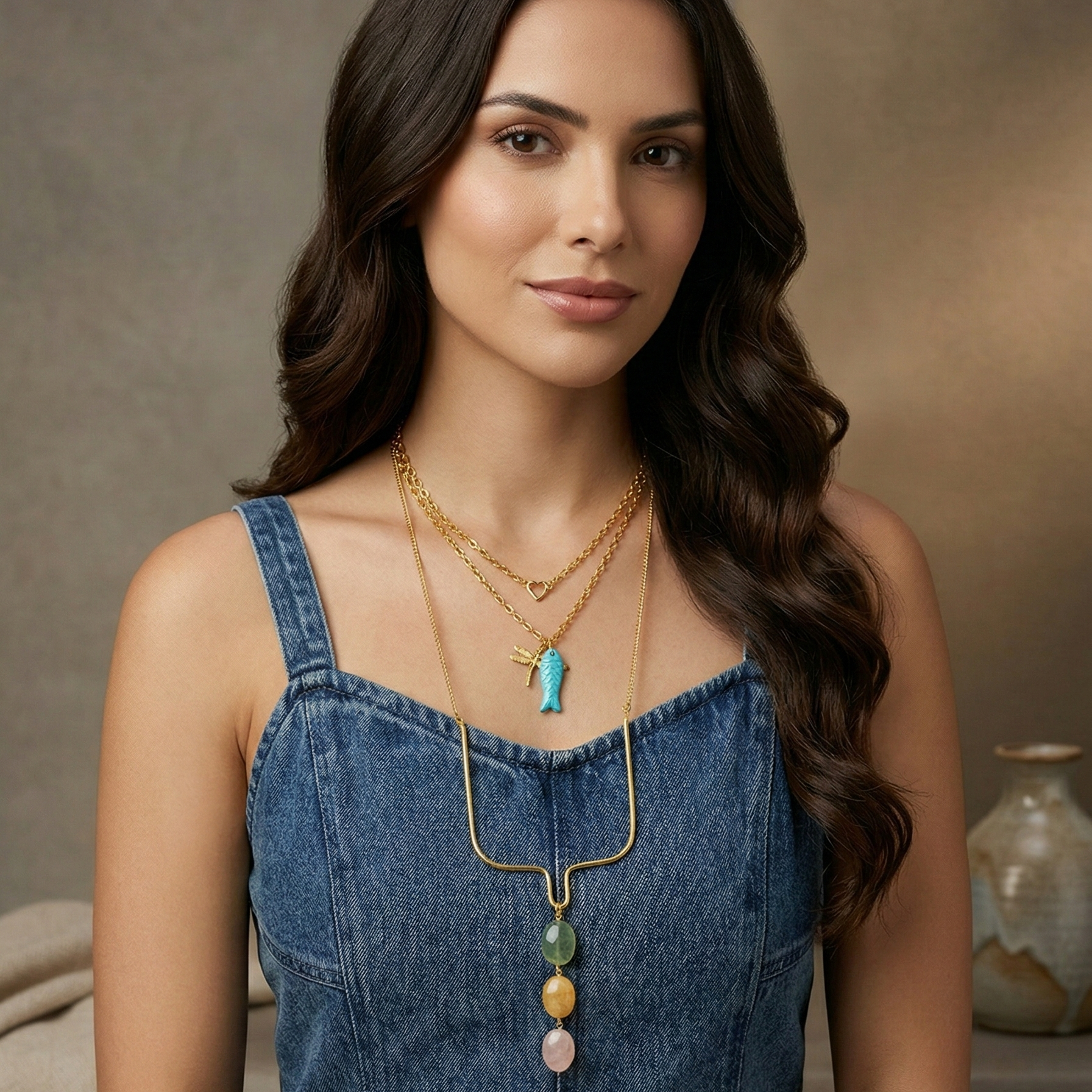 Woman wearing a long necklace with layered pendants against a neutral background
