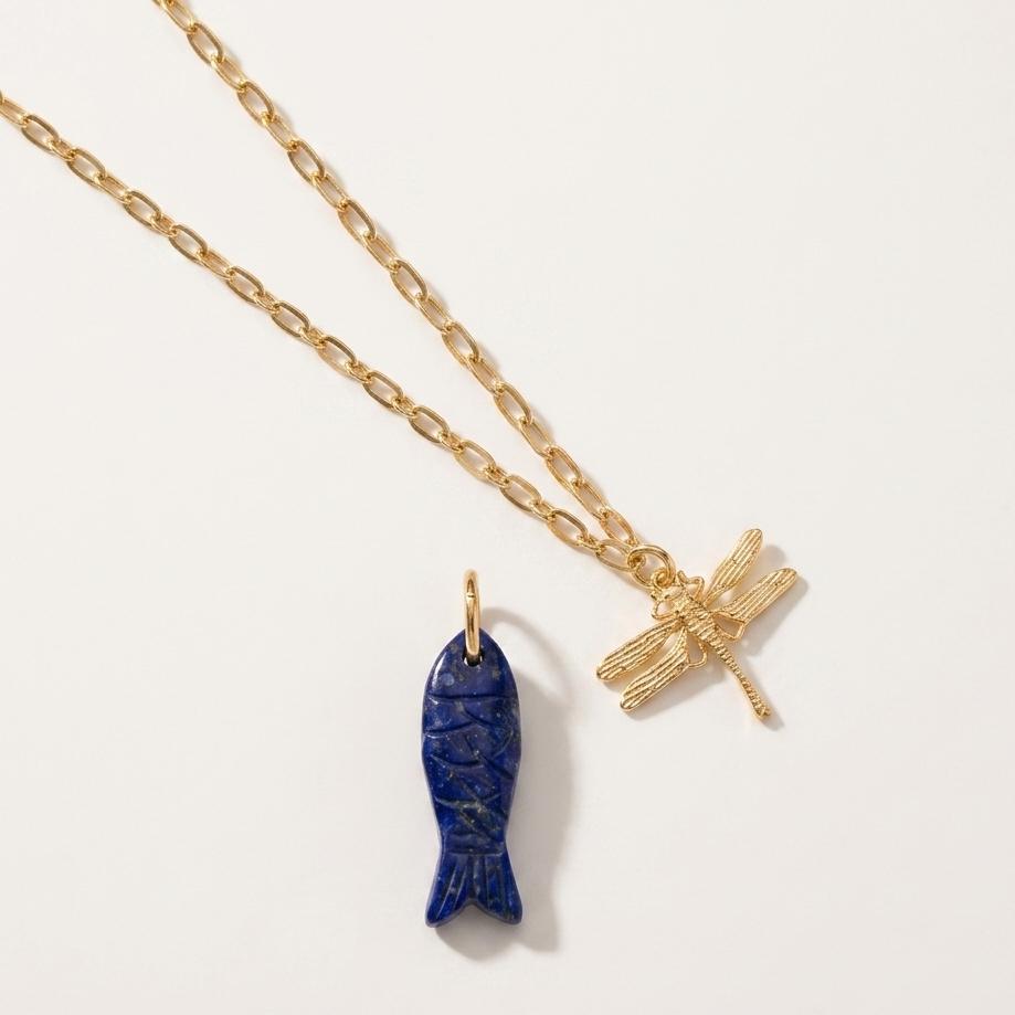 Gold dragonfly and lapis lazuli fish pendant necklace