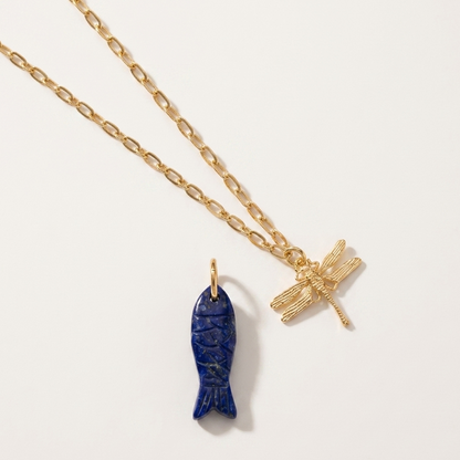 Gold dragonfly and lapis lazuli fish pendant necklace