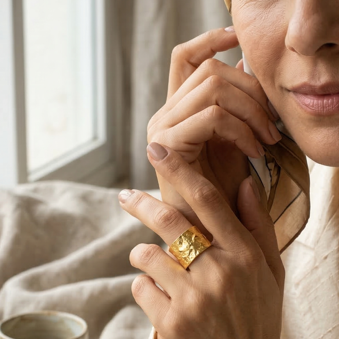 Woman wearing gold jewelry in a cozy indoor setting with books and a cup.