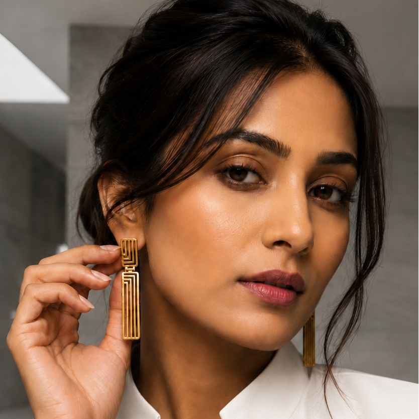 A woman wearing a white blouse and holding a gold-toned rectangular earring near her ear, photographed in a modern indoor setting with a gray wall background.
