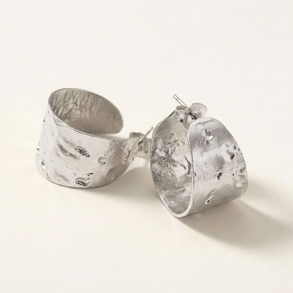 Pair of silver earrings on a light background